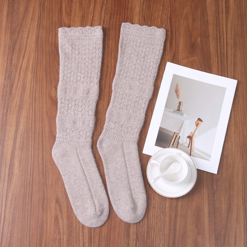 100% Pure Wool Solid Color Anti-Sweat Breathable Hollow Long Socks for Women, Warm Handmade Crochet Calf Socks, Gray