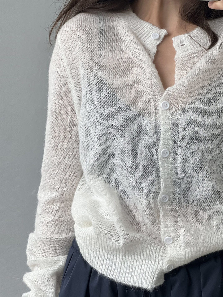 Áo cardigan len nữ dệt kim mỏng cổ tròn dáng rộng phối nút — Vàng nhạt, màu hồng, màu nâu, trắng chi tiết 4