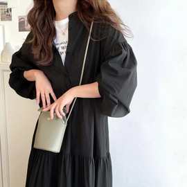 2024韩国 chic风显瘦竖条纹复古衬衫式连衣裙 立领系带长款衬衫裙
