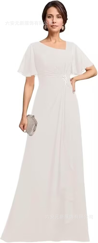 Vestido de novia de gasa de Amazon vestido de madre mariposa de manga corta plisada larga aplicación vestido de invitado de boda