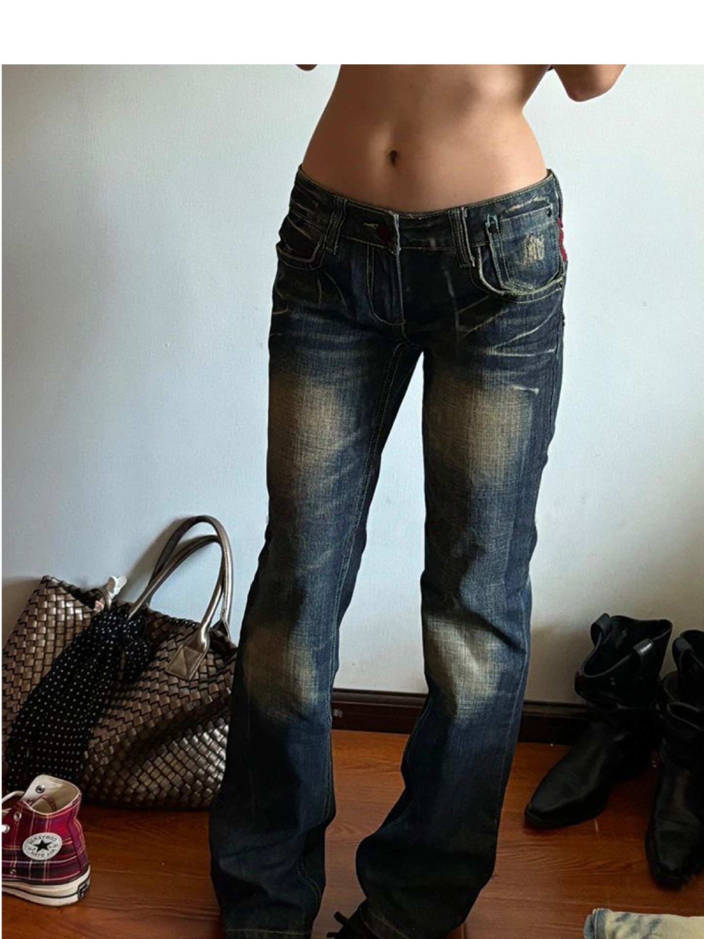 ​​Vintage Low-Rise Distressed Jeans For Women - Y2k Style With Heavy Embroidery, Baggy & Long Straight Leg Denim Pants​​_ecoleips.com