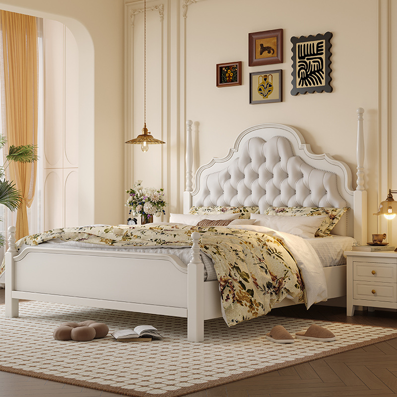 Cama francesa vintage cama de paquete blando Anna cama de madera maciza dormitorio principal color nuez 1.8m estilo medieval americano cama de boda