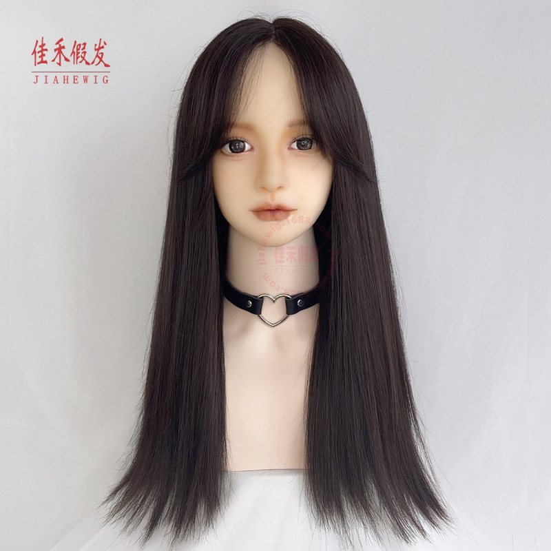 Wig women's long hair front lace wig natural long straight hair seamless invisible eight-character bangs black long straight hair cover