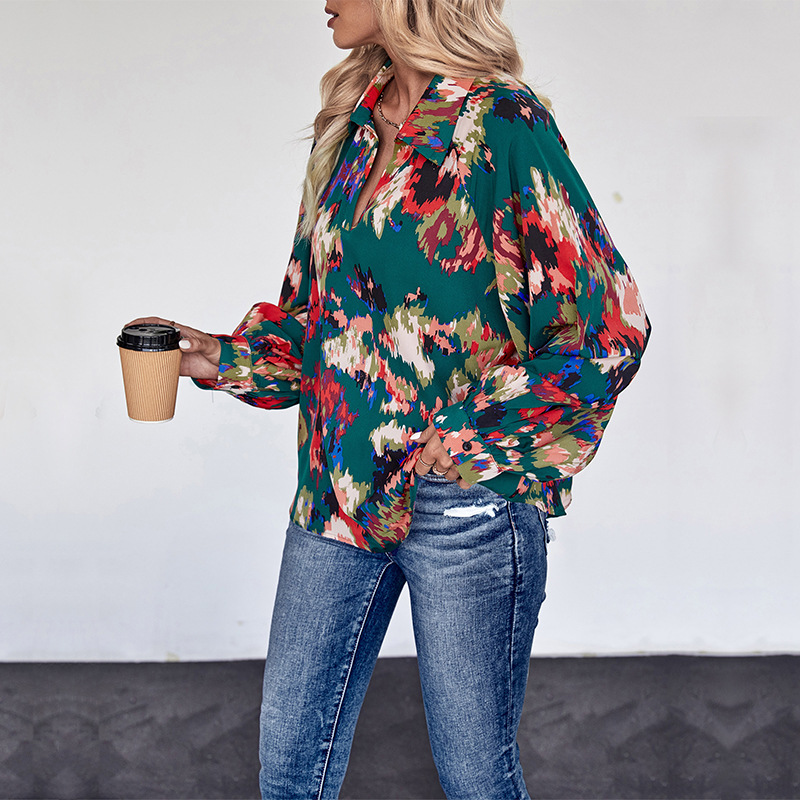 Lässiges, langärmliges Hemd mit Knopf und Revers und Blumenmuster_voghion.com