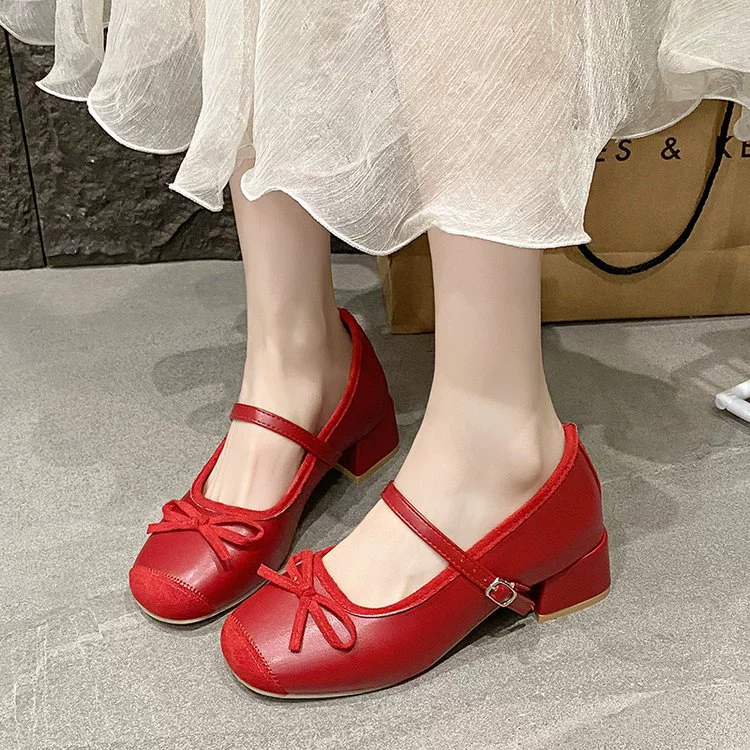 Женские туфли-лодочки Мэри Джейн на небольшом ретро-бант, толстом каблуке, с внутренним утолщением, неглубоким вырезом, нескользящие, удобные, в стиле балетки.
