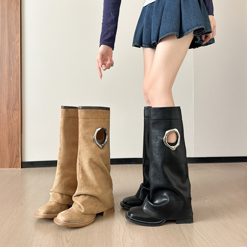 Meng Ziyi Style Retro Square-Toe Western Cowboy Boots Versatile Chunky Heel Bootcut Boots Niche Design Fat Long Boots for Women