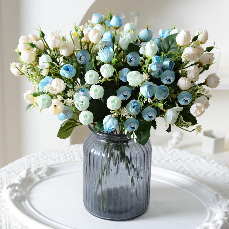 Artificial rosa azul y verde brote manojo flor artificial Home Hotel decoración de la boda flor artificial Flor de seda