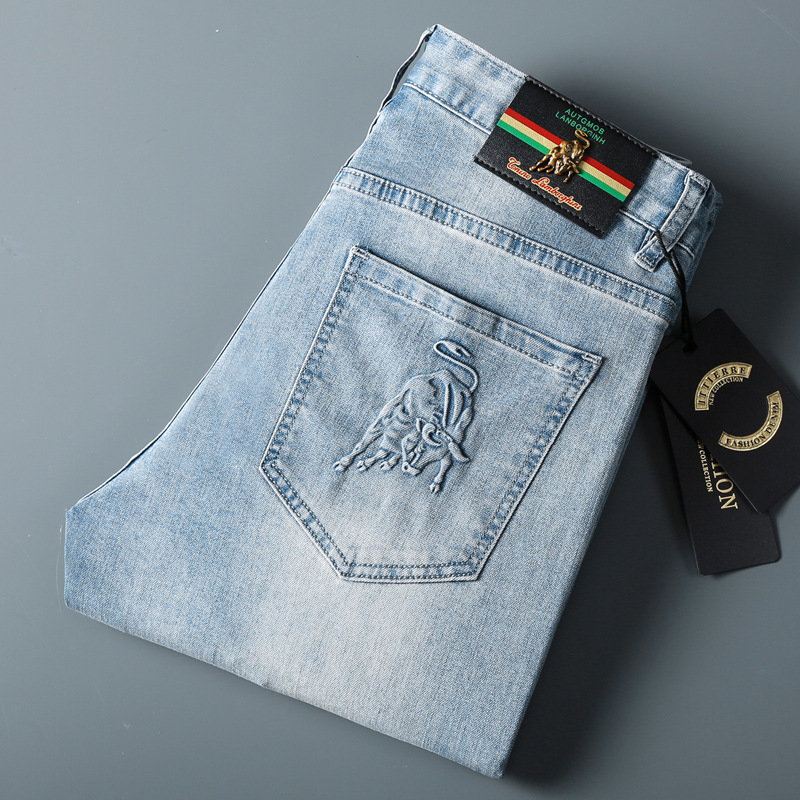 2022 Light Luxury European Goods Spring and Summer Thin Jeans Men's Slim Fit Small Feet Stretch Printed Fashionable European and American Jeans Men