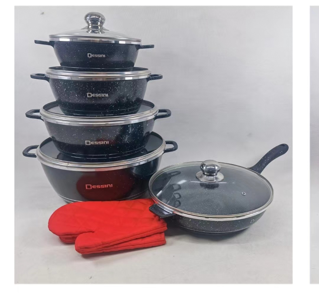 Olla antiadherente de aluminio Olla de sopa de arroz de trigo Olla de fundición a presión con tapa de vidrio coreana multifuncional Juego de ollas de cocina de 12 piezas