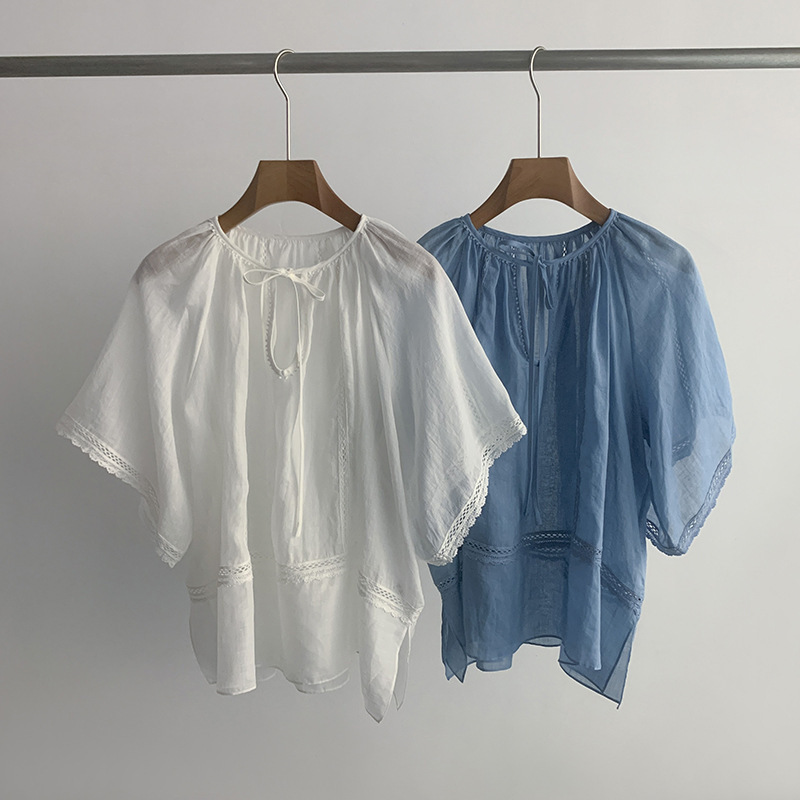 French Resort-Style Lace Hollow-Out Lace-Up Round-Neck Short-Front-Long-Back Loose Ramie Top T-Shirt French Resort-Style Lace Hollow-Out Lace-Up Round-Neck Short-Front-Long-Back Loose Ramie Top T-Shirt