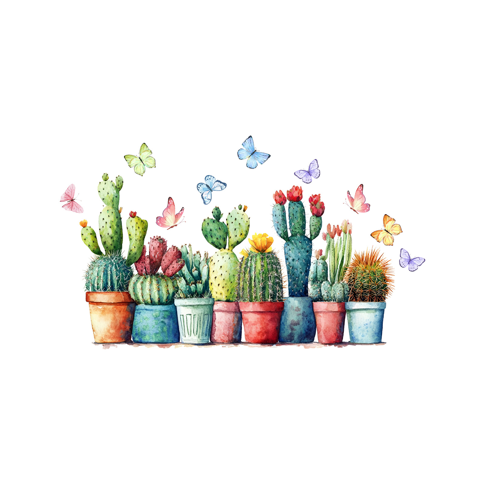 Watercolor Potted Cactus And Butterfly Static Window Wall Sticker_voghion.com