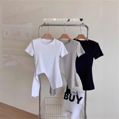 Lady belt solid color short-sleeved T-shirt for women 2025 summer new Korean round neck versatile pullover student top trendy