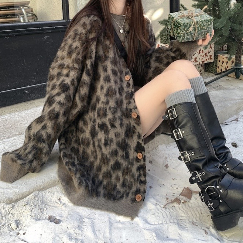 美式复古风宽松豹纹提花毛衣外套女士2025秋冬慵懒风针织开衫上衣|undefined