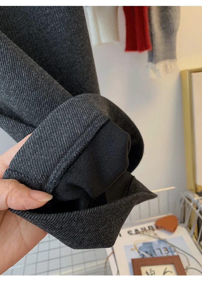 Quần ống rộng nữ len dày lót lông cừu cạp cao dáng lửng — màu xám, màu đen chi tiết 9
