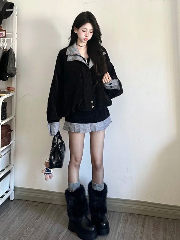 超好看双层领宽松慵懒短款夹克外套女2025秋冬季新款外套短裙套装|undefined
