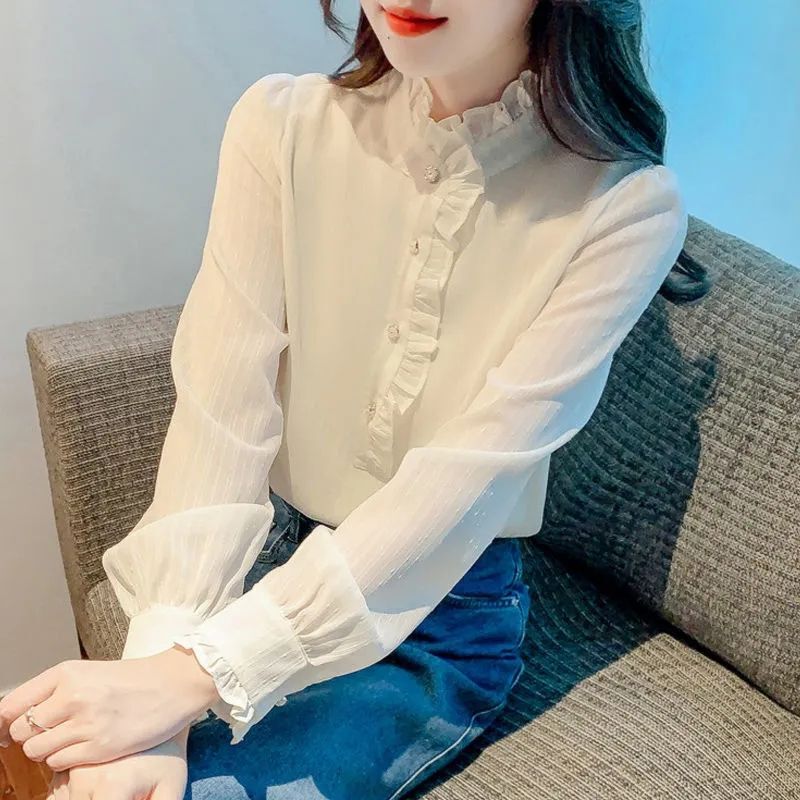 2025春秋新款法式蕾丝雪纺衫女时髦立领花边拼接长袖优雅百搭上衣|undefined