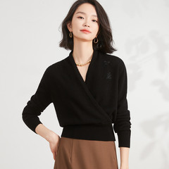 100%羊毛衫气质优雅V领收腰针织衫女 时尚休闲烫钻纯色打底上衣女