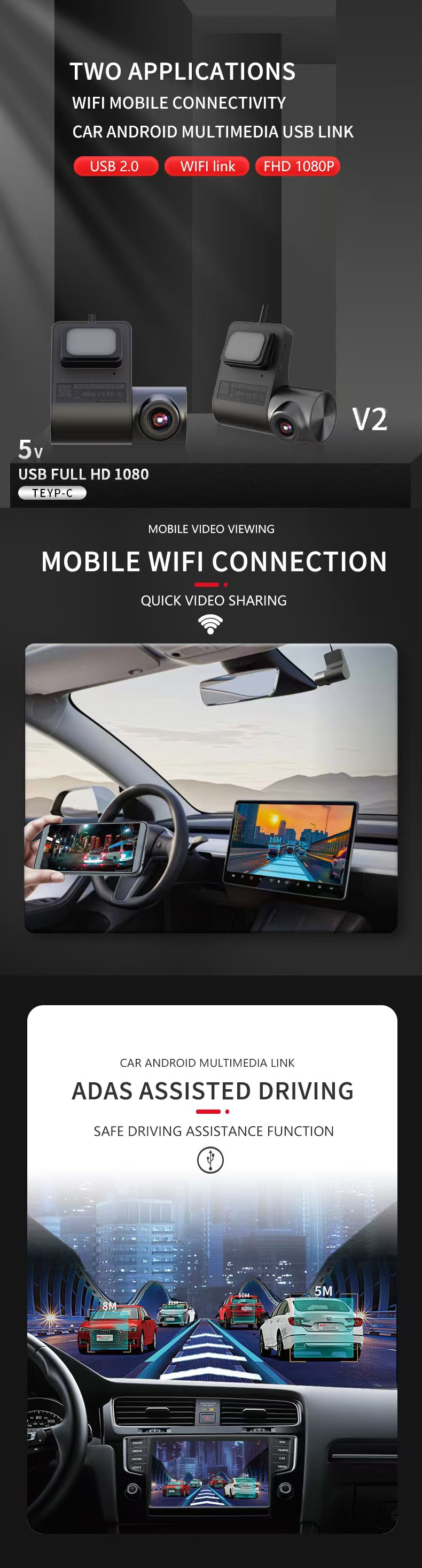 Dual Application, Dual Connectivity, In-Car Central Control, Android Large Screen, USB Connectivity, Wifi Mobile Phone Connectivity, Driving Recorder