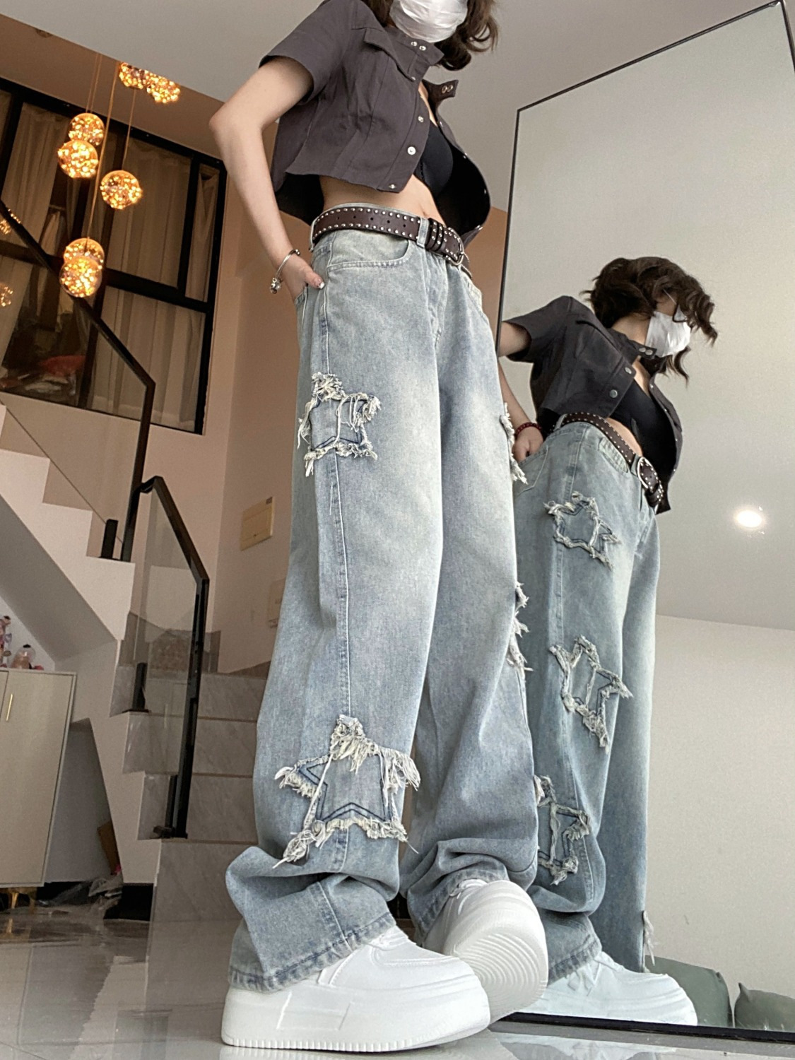 Damjeans American Star Höst Koreanska Utgåva Instagram Hög Midja Slimmade Kanter Broderade Raka Vida Benbyxor_voghion.com