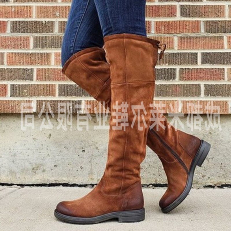 Women's Round-Toe Artificial Pu European and American Style Leather Boots, Slip-On Fashion Boots, Waterproof Over-The-Knee Stretch Boots, Low-Heeled Women's Shoes