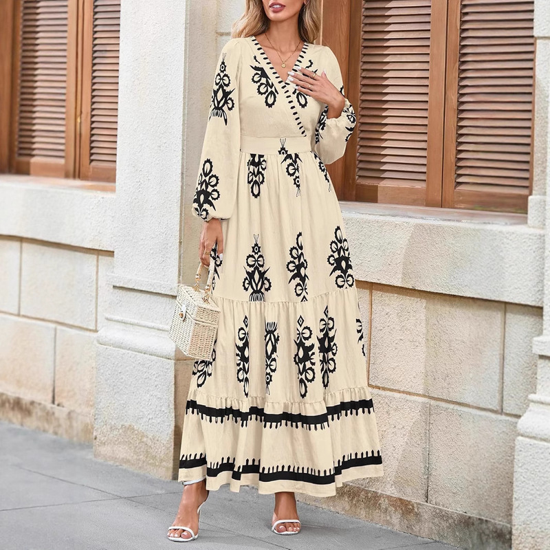 European and American Cross-Border 2025 Autum Dress Bohemian Floral Long-Sleeved V Neck Elegant Beach Long Dress for Women