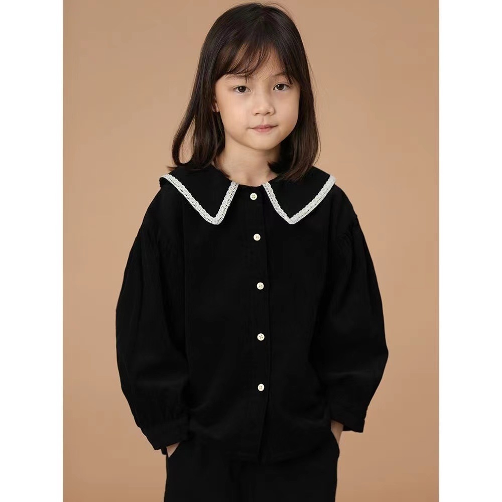 2024 Autumn New Children's Clothing Girls' Collared Black Corduroy Sailor Collar Children's Preppy Style Shirt Top