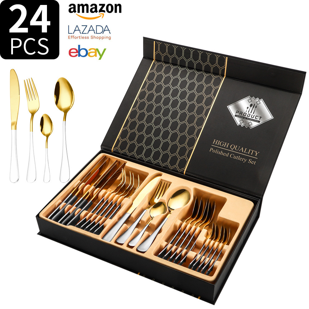 Juego de vajilla de acero inoxidable Transfronterizo Amazon 1010 juego de 24 piezas de vajilla occidental bistec cuchillo tenedor cuchara juego de caja de regalo