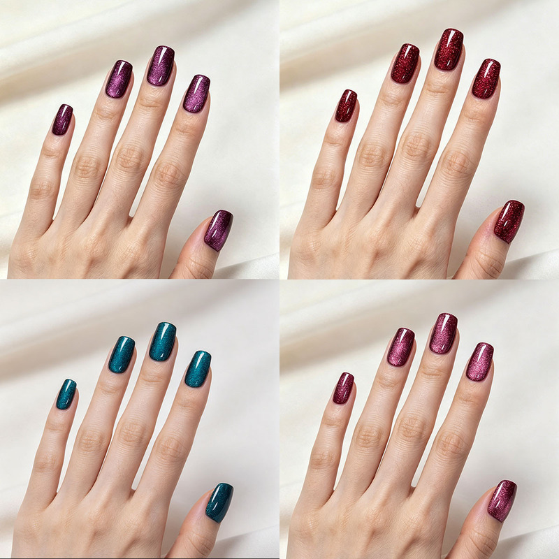 Multi-Color Mixed Cat-Eye Combination Nail Stickers, Wearable Nail Tips, Short Style Solid Color Nail Art, Ready-To-Use Wholesale