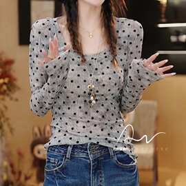 时尚纯欲洋气修身上衣秋季新款胖大码女装感波点长袖T恤女图片色