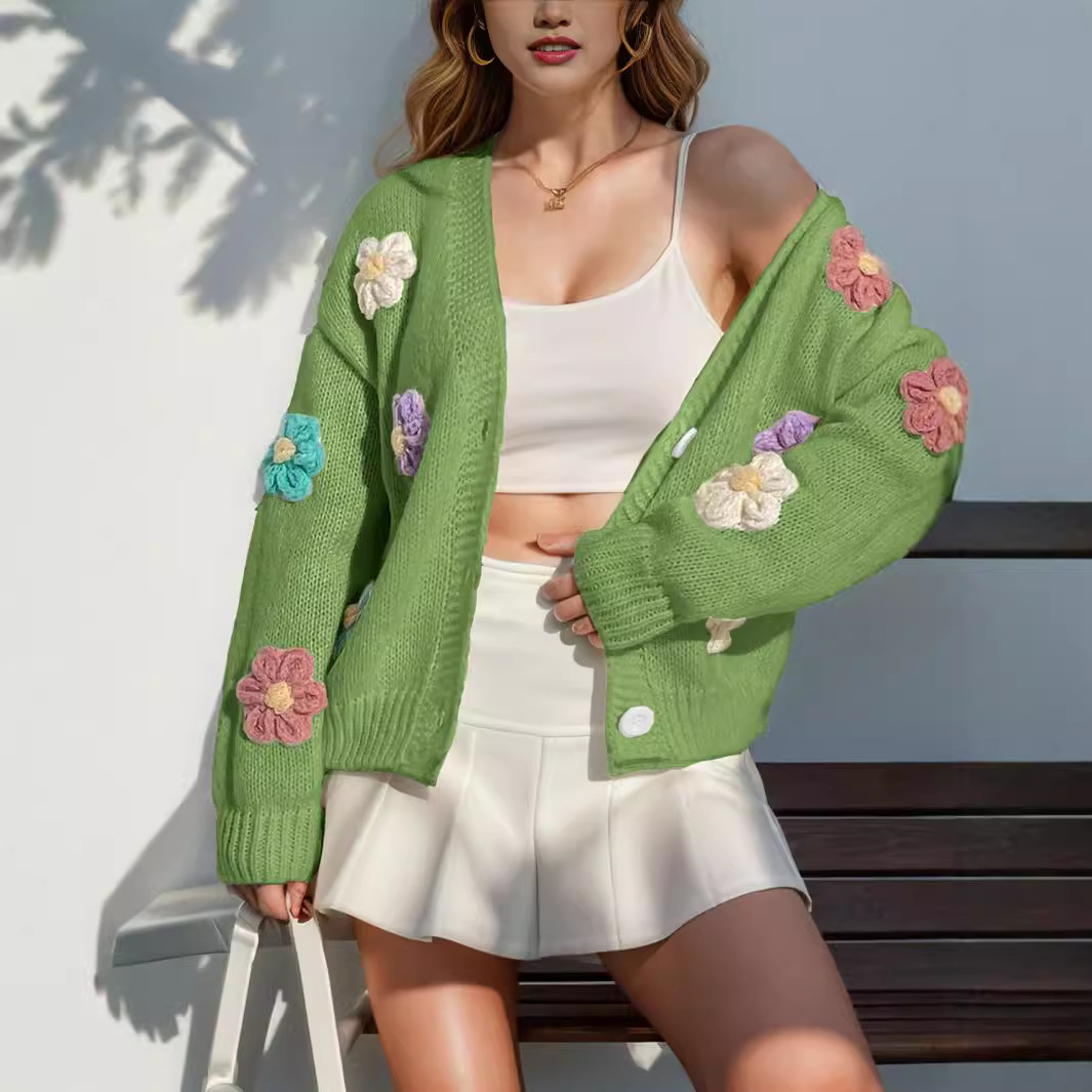 Damenbekleidung Blumenmuster Knopf Strickjacke Süßer lockerer Langarmpullover_voghion.com