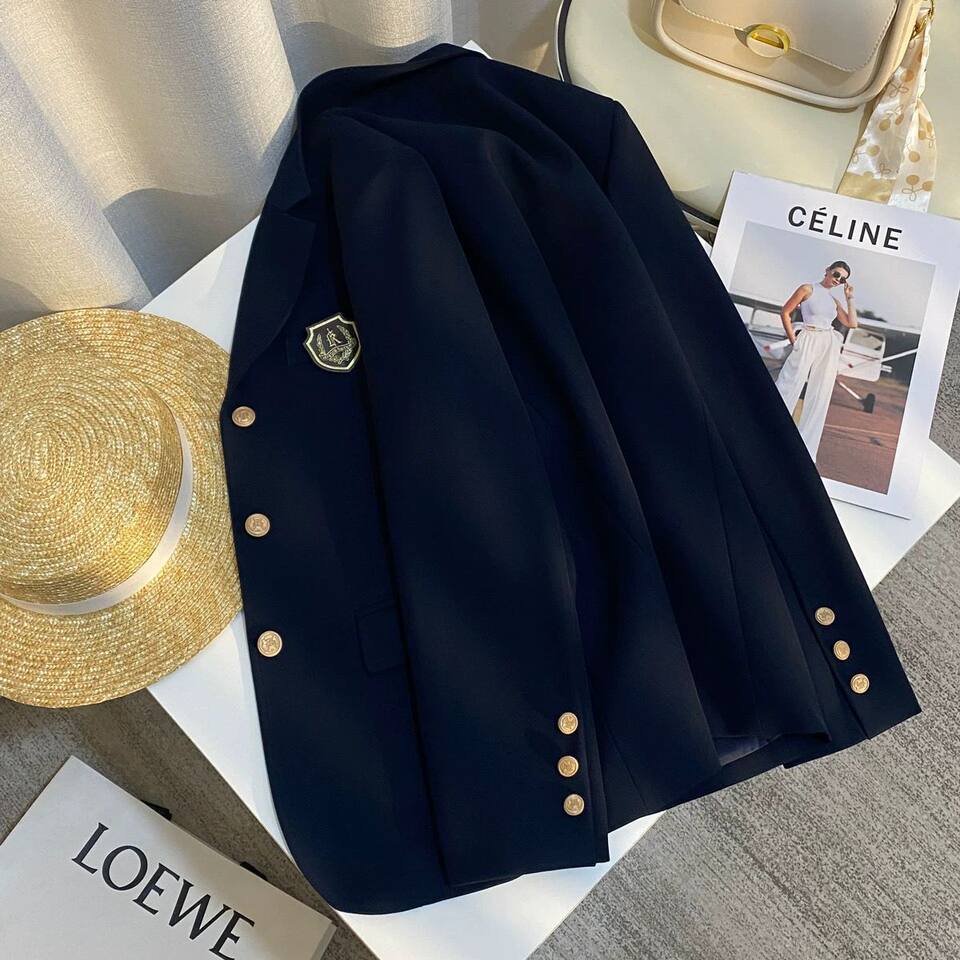 Áo blazer nữ dáng ngắn phong cách Hàn Quốc, áo khoác vest nữ tay dài cổ vest phối nút — màu xanh hải quân, màu đen chi tiết 6