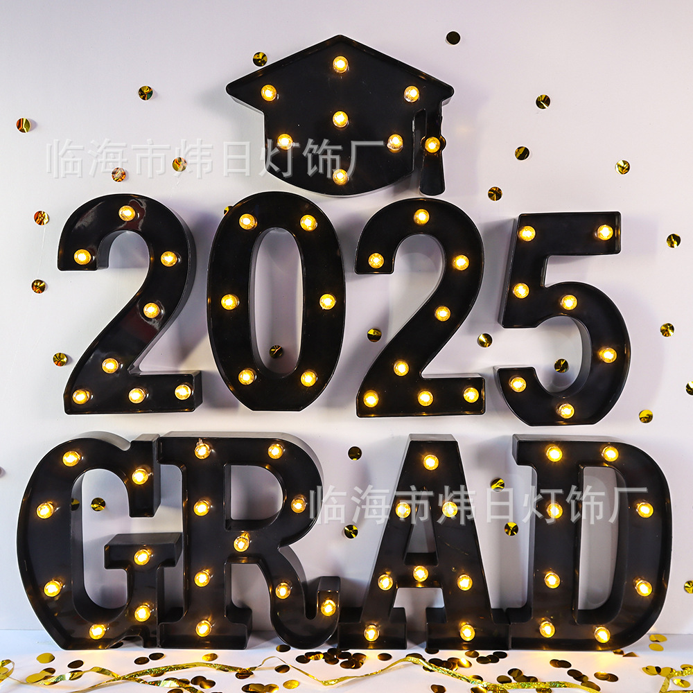 2025 accesorios de la foto de graduación, lámpara de letras grad, decoración de la escena de la fiesta led, lámpara decorativa, temporada de graduación, sombrero de soltero