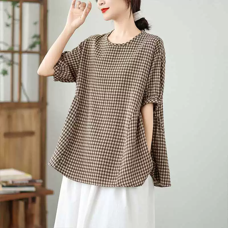 Summer doll, shirt, Korean style, plus size, cotton and linen, with short sleeve