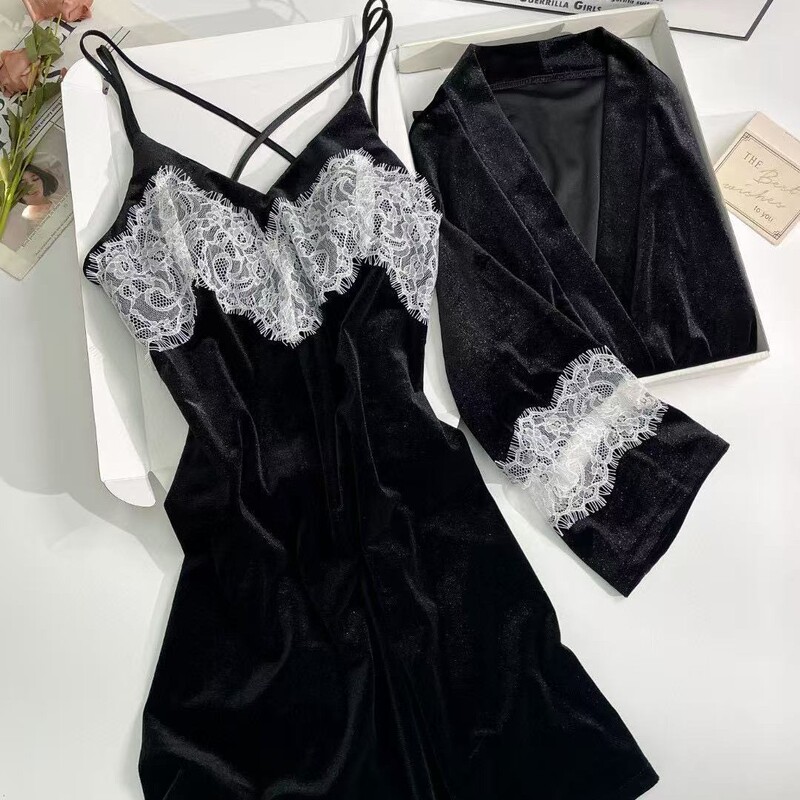 Yase [Lace Lover] New Autumn and Winter Gold Velvet Pajamas Women's High-Quality Casual Pure Desire Suspender Outer Robe