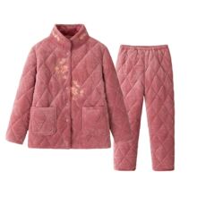 中老年睡衣女冬季法兰绒三层夹棉加厚加绒妈妈套装冬装保暖家居服