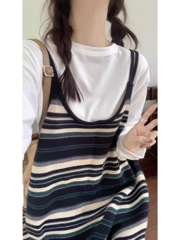 条纹针织吊带连衣裙女初秋季新款小个子复古休闲宽松背心长裙|undefined
