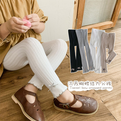  Autumn New Amazon Hot Selling Children's Trousers Highly Elastic and Breathable Fungus Trimmed Bow Leggings Cross-Border