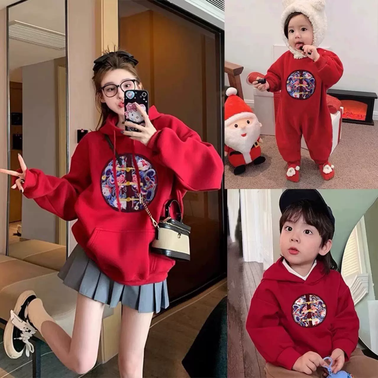 亲子装秋冬新款连帽卫衣一家三口高端全家装红色喜庆小月龄拜年服
