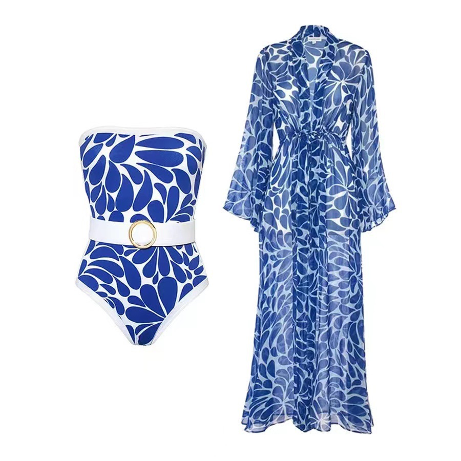Women's Style Long Sleeve One Piece Swimsuit Printed Cover Up French Retro Fashion Swimwear_voghion.com