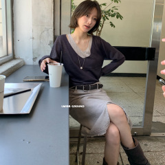 I MISS 2025秋季韩系假两件针织衫女小众V领撞色慵懒长袖通勤上衣