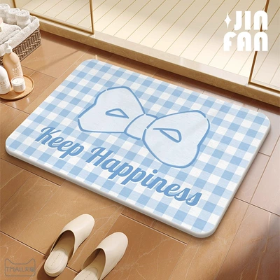 Avtomobil döşəmə paspasları, Door Absorbent Quick-Drying Carpet Bathroom - gzn-blue-plaid-bow-square-white-background-396009cm