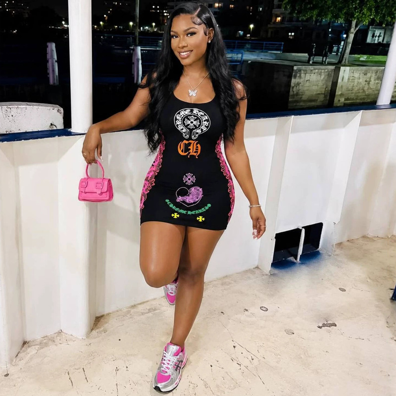 FC1541 European and American hot girl sleeveless tank top bodycon short skirt horseshoe print tight waist mini dress for women FC1541 European and American hot girl sleeveless tank top bodycon short skirt horseshoe print tight waist mini dress for women