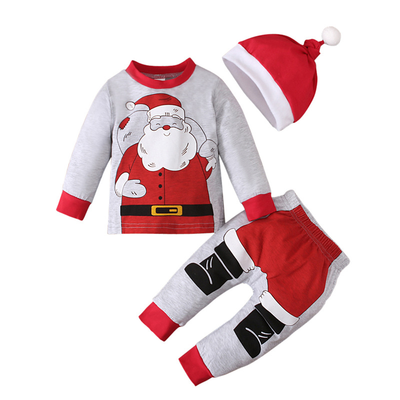Boys And Girls Spring And Autumn Santa Claus Gray Long-sleeved Top + Trousers + Hat Three-piece Suit Children's Clothing_voghion.com