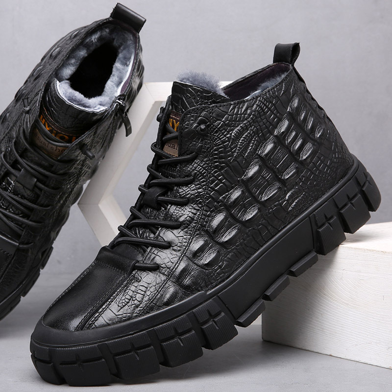 Primera capa de piel de vaca invierno nuevos hombres zapatos de algodón de lana forrada de lana caliente en relieve moda de cuero genuino zapatos de hombre en vivo