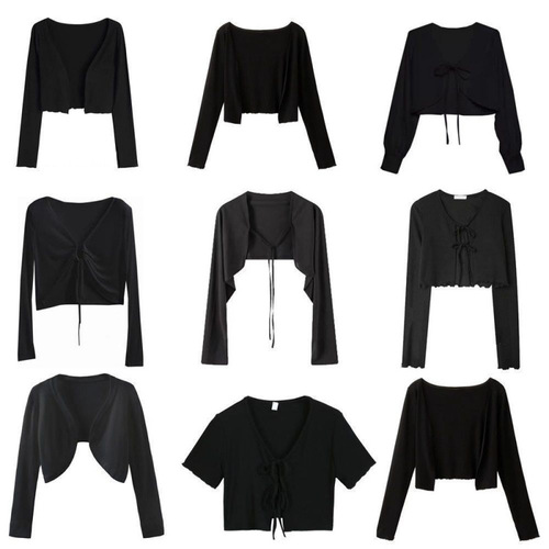 Women's Summer Stylish Short V-Neck Cardigan Open Style Outerwear Thin Covering Blazer Black