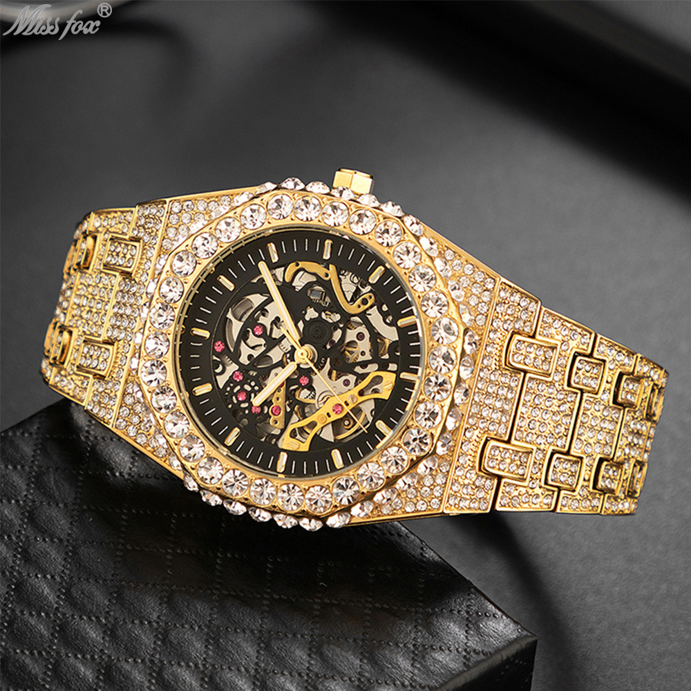 MISSFOX Full Diamond Hip Hop Party Automatic Hollow out Mechanical Men's All Night Glow Watch_voghion.com