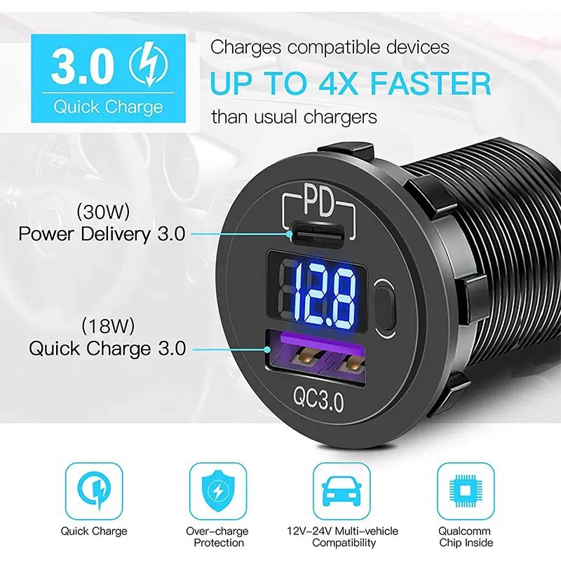 Cross-Border Hot Qc3.0 Modified Car Charger with Switch Two-Hole Fixed Panel Car Cigarette Lighter Socket Charger