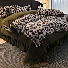 法式兔毛绒轻奢豹纹高级感冬季裸睡双面加绒加厚牛奶绒床盖四件套