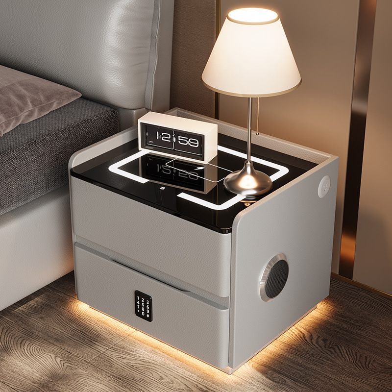 Mesita de noche inteligente de madera maciza suspendida de viento crema con luz