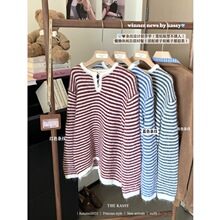 秋季韩系新款宽松小v领长袖针织衫2025慵懒条纹打底毛衣上衣黑色